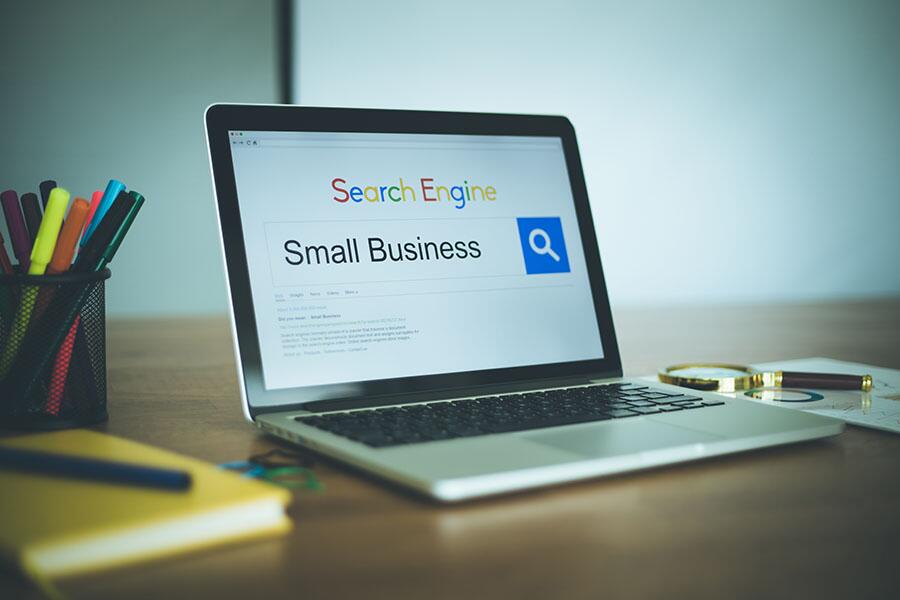 A laptop on a search engine displaying a search for “Small Business”