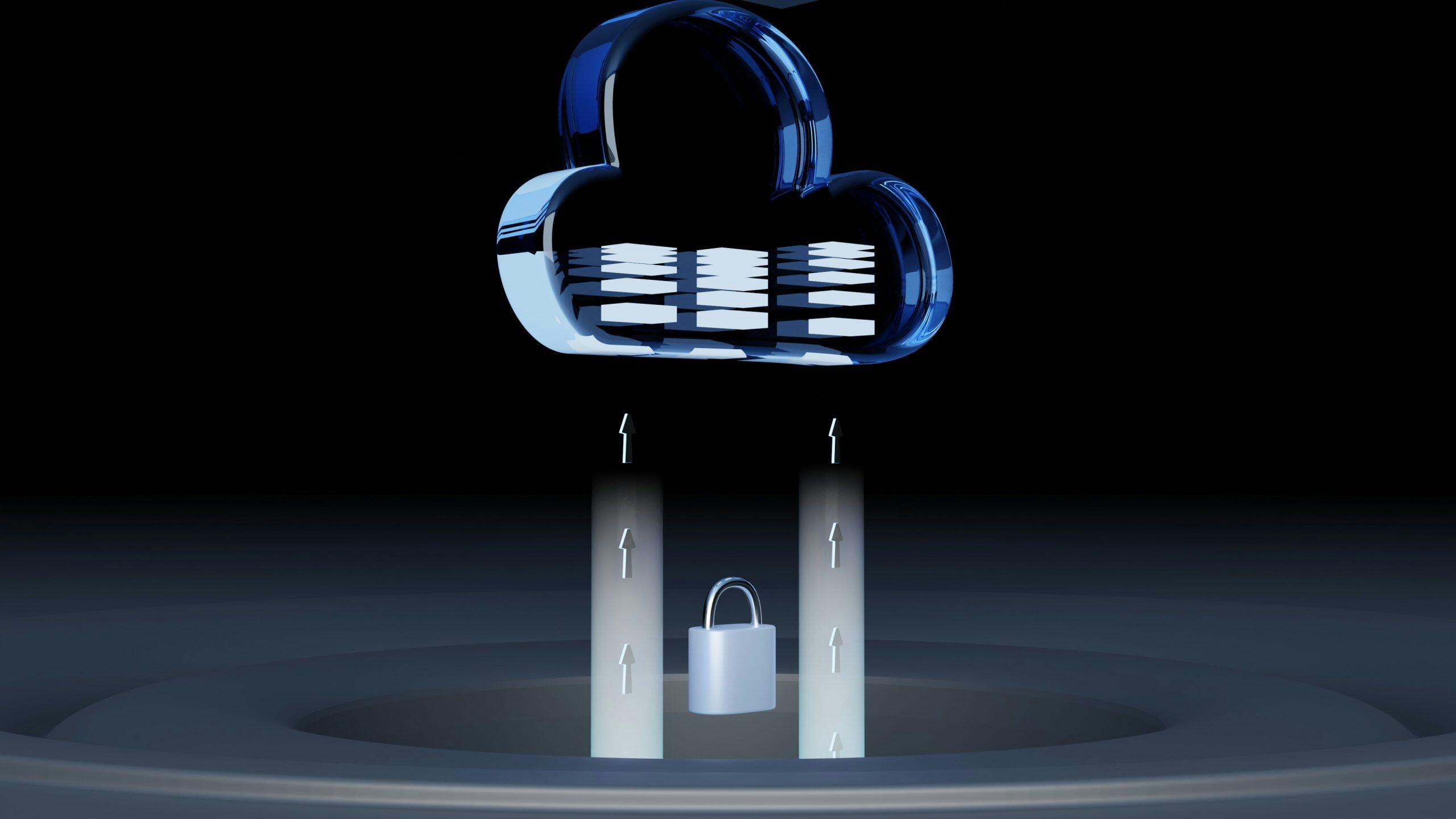 Illustration of a glossy blue cloud icon at the top center, symbolizing cloud storage. Two vertical arrows beneath the cloud point upwards, indicating data transfer. A metallic padlock icon is positioned below the cloud, representing security. The background features a dark gradient, emphasizing the central elements of secure data transfer, data security management, and cloud protection.