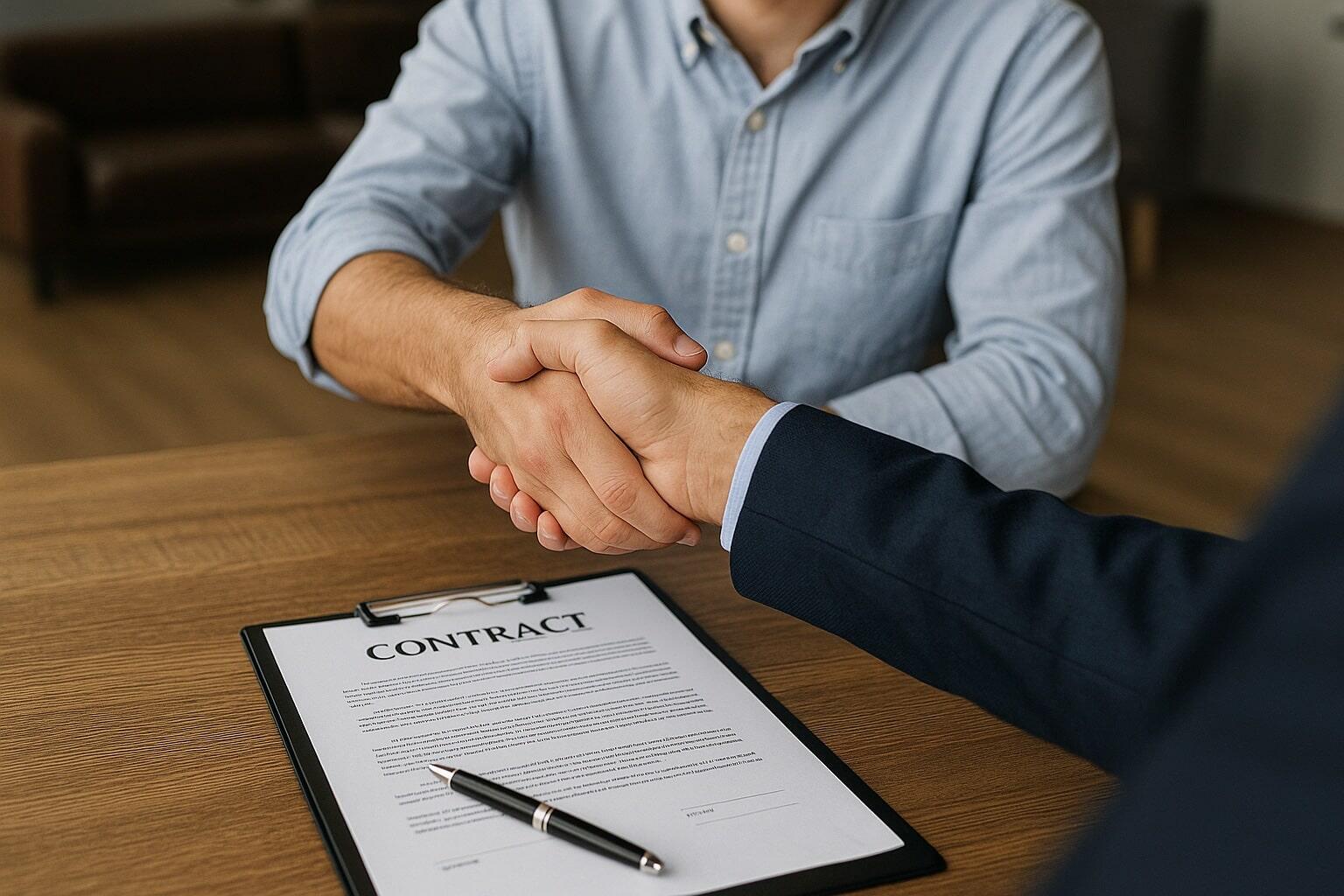 two people shaking hands before signing a contract to buy a small business