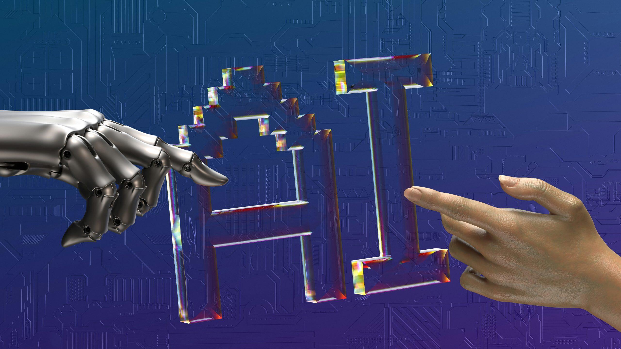 A futuristic image depicting a robotic hand and a human hand reaching out towards each other, lightly touching the pixelated, iridescent letters 'HI' in the center. The background features a deep blue circuit board pattern, emphasizing themes of technology, artificial intelligence, and human-robot interaction, crucial for any innovative AI Agency.
