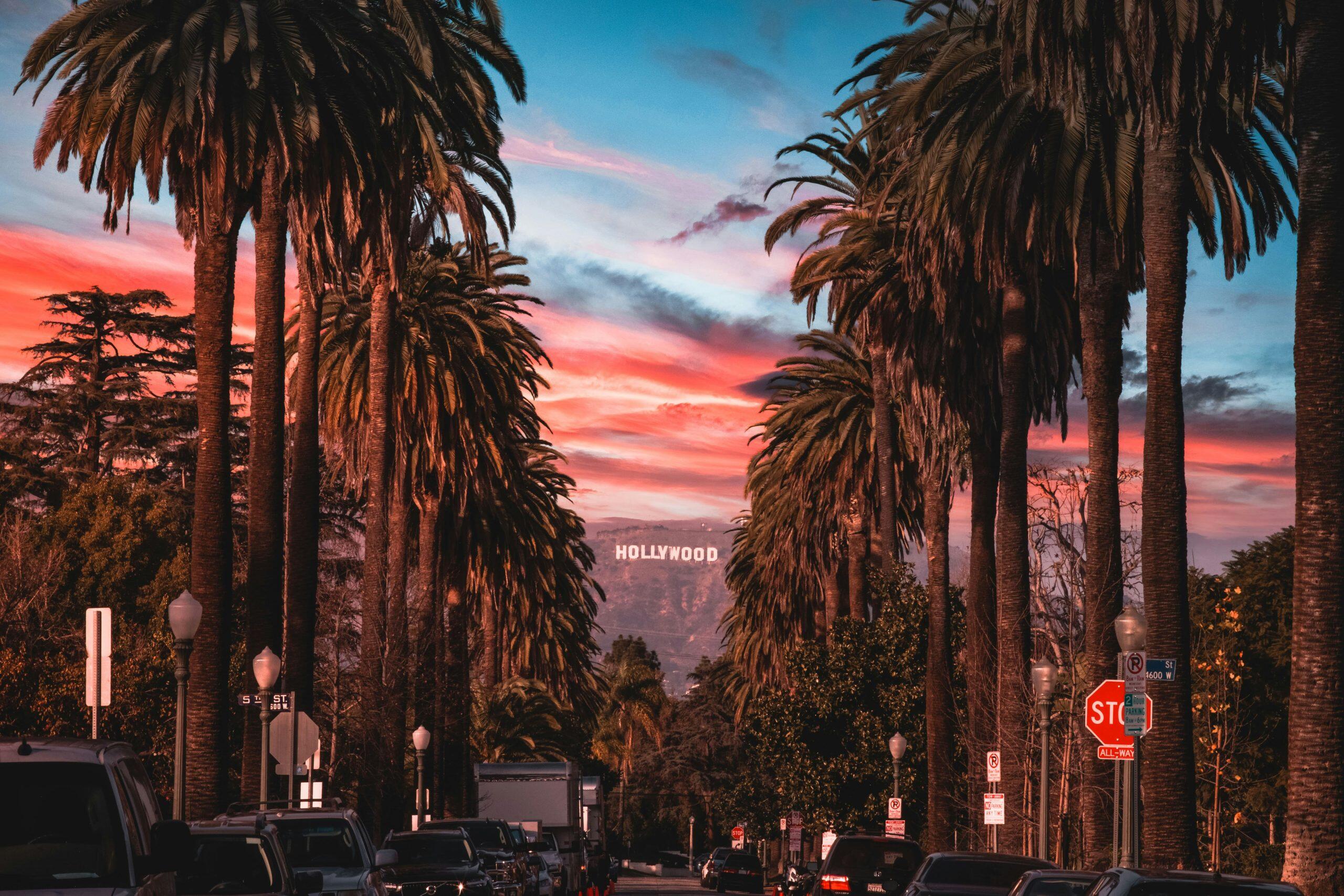A vibrant Los Angeles street scene featuring tall palm trees lining both sides of the road, leading to the iconic Hollywood sign in the distance. The sky is painted with warm hues of pink, orange, and blue, suggesting a sunset or sunrise. Street signs, including a stop sign and location markers, are visible in the foreground, along with parked cars and street lamps, creating a quintessential Southern California atmosphere—perfect for networking events Los Angeles.