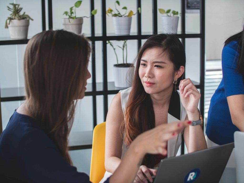 Two individuals are engaged in a discussion in a modern office setting. The person on the left is partially visible, gesturing with their hands, while the person on the right, wearing earrings, sits in front of a laptop. The background features a grid-like shelving unit adorned with small potted plants, adding a natural and welcoming touch to the professional small business consulting environment.
