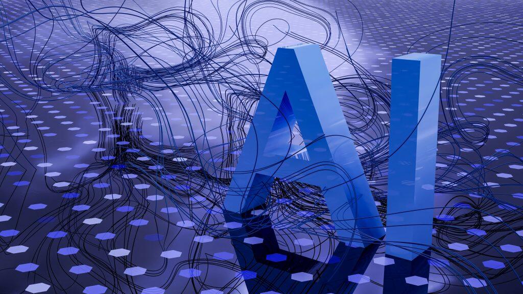 Three-dimensional blue letters 'AI' surrounded by swirling lines suggesting data flow, set against a futuristic hexagonal grid pattern in shades of blue and white, evoking a technological and digital theme, symbolizing AI answers.