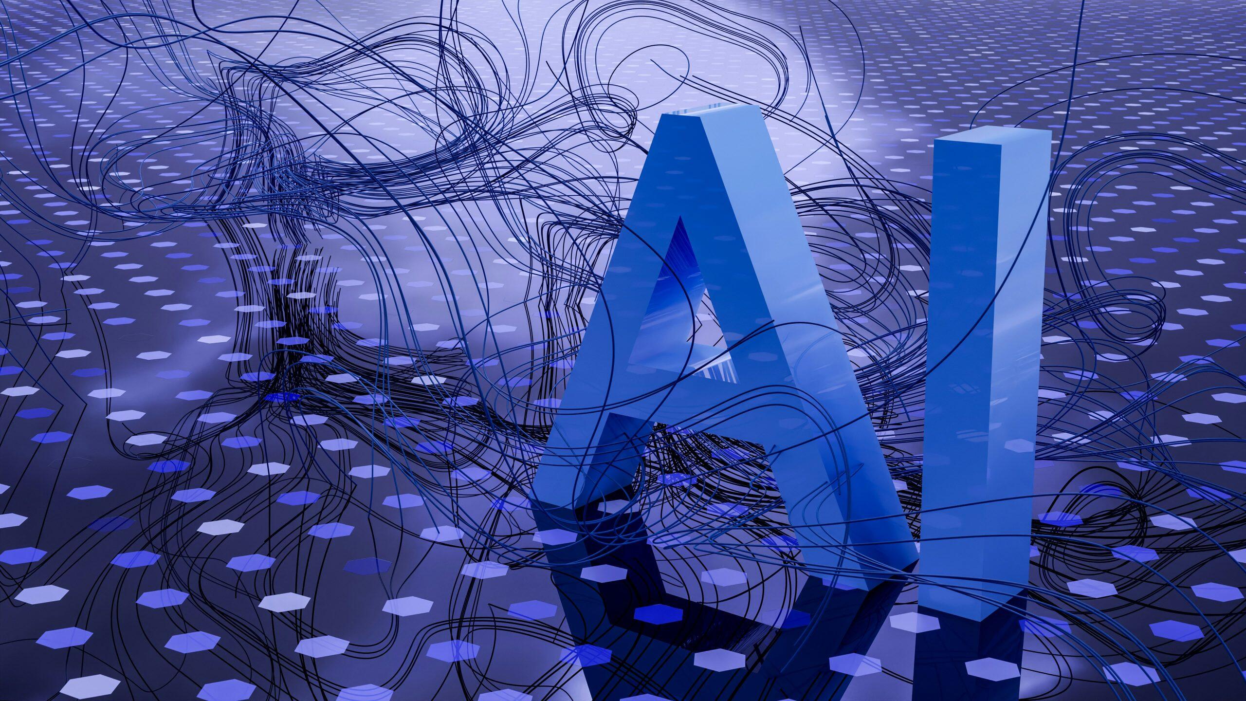 Three-dimensional blue letters 'AI' surrounded by swirling lines suggesting data flow, set against a futuristic hexagonal grid pattern in shades of blue and white, evoking a technological and digital theme, symbolizing AI answers.
