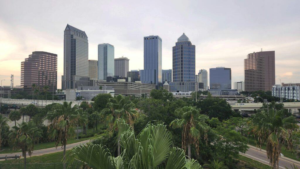 A panoramic view of Tampa's city skyline, where many networking events Tampa are held, featuring high-rise buildings with corporate logos such as Wells Fargo, Bank of America, PNC, Truist, and WeWork. The University of South Florida (USF) and the Tampa Bay Lightning logo are also visible. The foreground is lush with tropical palm trees and greenery, while roads and infrastructure weave through the scene. The sky is overcast, suggesting early morning or late afternoon lighting.