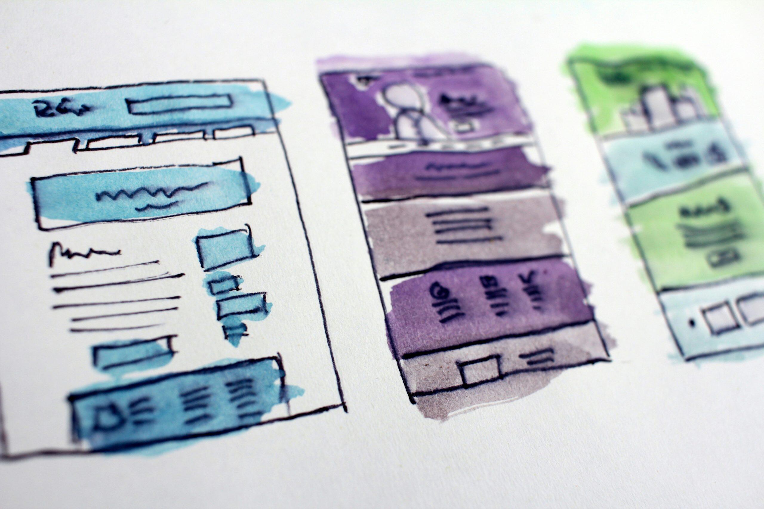 Three sketched webpage or app design concepts arranged horizontally. Each sketch features distinct layouts with sections resembling headers, text blocks, and images. The left design is blue-themed with a large header and multiple rectangular blocks below. The middle design is purple-themed, showcasing a large icon or figure at the top and vertically stacked sections. The right design is green-themed, with a simplified structure and a large rectangular area at the bottom. The image serves as a brainstorming tool for visual design for a content marketing agency.