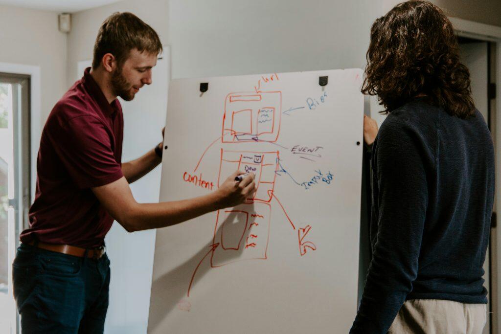 Two individuals collaborating in front of a whiteboard during a brainstorming session. The person on the left, wearing a maroon shirt, is writing or drawing on the whiteboard, while the person on the right, in a dark sweater, observes. The whiteboard features a diagram with boxes and arrows labeled with terms like 'Url,' 'Bio,' 'Event,' 'Inbox Box,' and 'Content,' suggesting a workflow or process related to a content marketing agency or digital content management. The annotations are drawn in red and blue markers, emphasizing a structured discussion or planning activity.