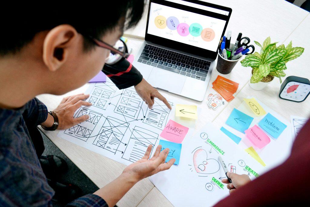 Overhead view of two people collaborating on a UX design project at a desk. The workspace features hand-drawn wireframes illustrating how to research if potential new product would sell, a laptop displaying a UX process flow (Empathize, Define, Ideate, Prototype, Test), colorful sticky notes with keywords like 'AWARE' and 'Problem,' a brown cup labeled 'TEE BEAN' holding pens, and a small potted plant. One person points at the wireframes with a marker, while the other rests their hand on the paper. The scene conveys brainstorming and design thinking in action.