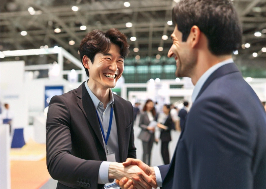 Two grinning businessmen shake hands at a small business expo