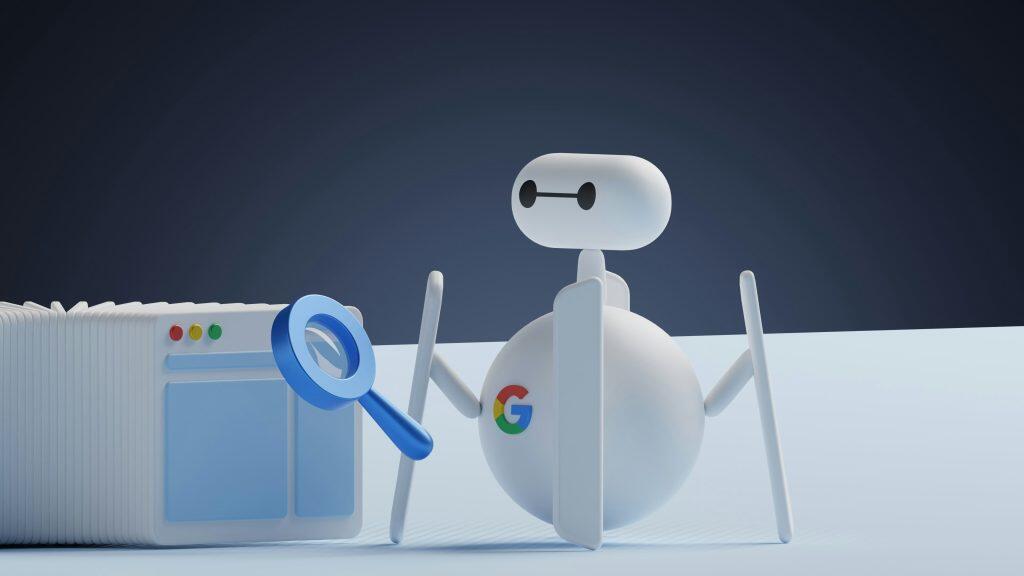 Conceptual illustration of a white, cartoonish robot with a spherical body and cylindrical head, holding a large blue magnifying glass. The robot, featuring simple black dot eyes, is positioned in front of a stack of stylized browser windows with colored circles (red, yellow, green) in the top left corner, resembling a web browser interface. A small 'G' logo in Google colors (blue, red, yellow, green) is visible on the robot's body, suggesting a connection to Google. The image conveys themes of web crawling, SEO marketing for small business, search engine functionality, or data exploration in a clean, modern design.