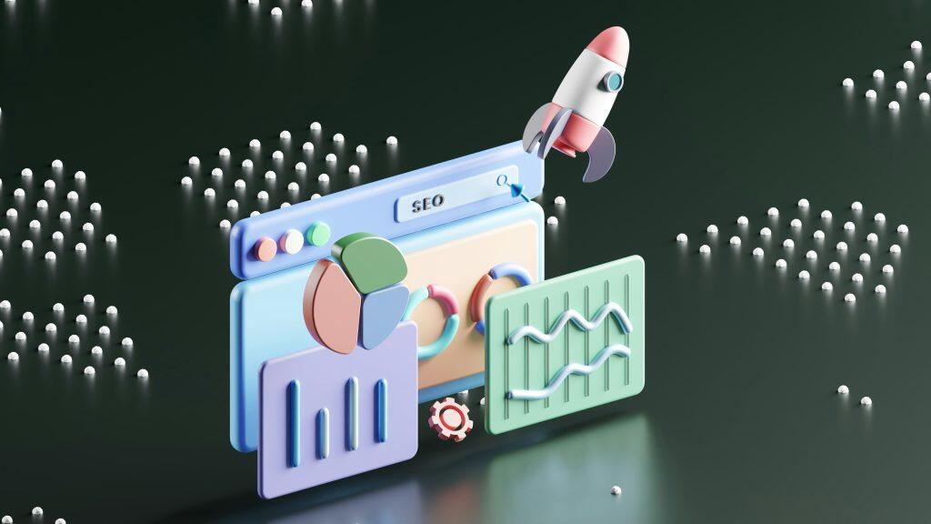 Stylized 3D illustration representing SEO marketing for small business (Search Engine Optimization). At the center is a browser window with three circular buttons (pink, orange, green) on the top left, a search bar displaying 'SEO marketing for small business,' and a magnifying glass icon. A cartoonish rocket with pink and gray accents launches upward from the upper right. Surrounding the browser window are various data visualizations: a blue bar chart on the left, a colorful pie chart in the center, and a green line graph on the right. A pink and white gear icon is positioned near the bottom. The dark green background features a grid of small white spheres, adding depth and a modern aesthetic.