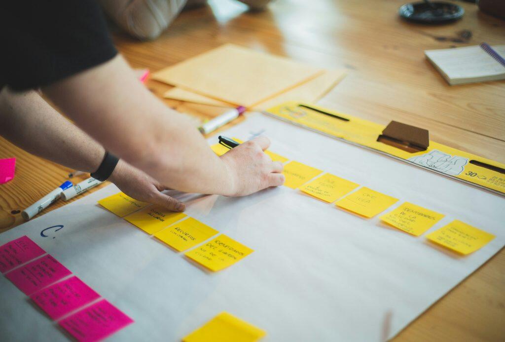 A collaborative planning session with yellow and pink sticky notes arranged on a large sheet of white paper on a wooden table, a hand actively placing or writing on the notes, alongside a pen, marker cap, and a yellow notepad with a cartoon illustration, all tools commonly used by a marketing strategist.