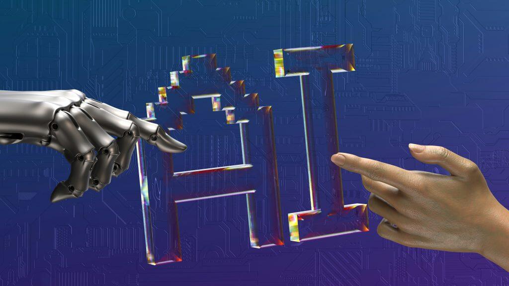 A robotic hand and a human hand reaching towards each other with index fingers nearly touching, the text 'AI answers' in a prismatic style between them, set against a blue-to-purple gradient background with faint circuit patterns.